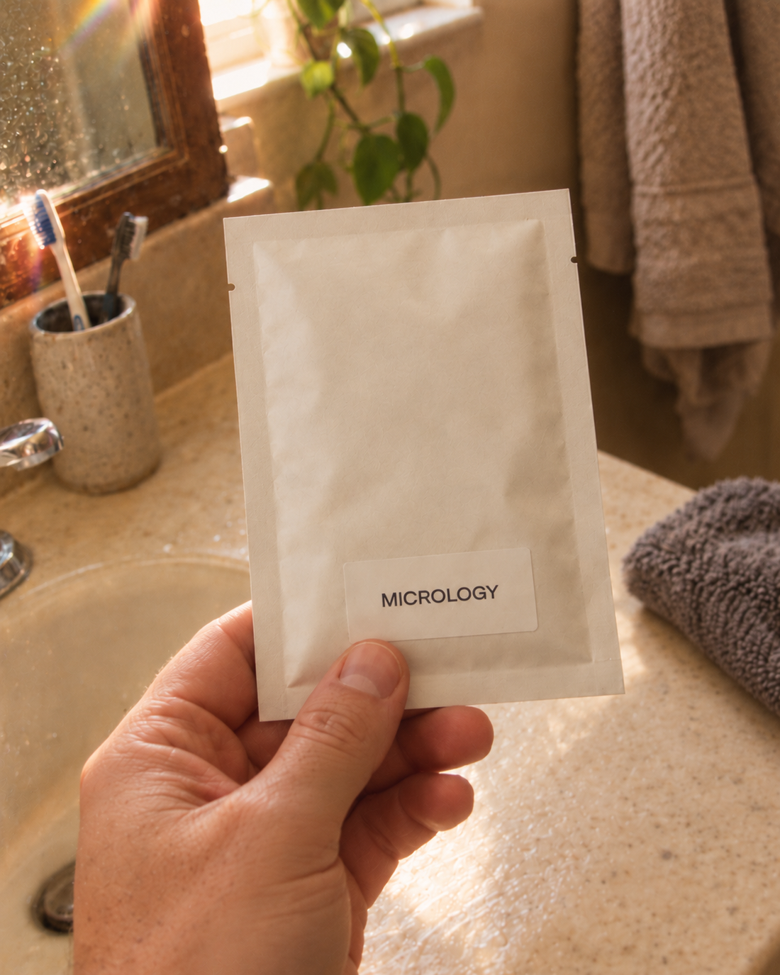 Micrology Sachet mit Gesichtsmaske in der Hand