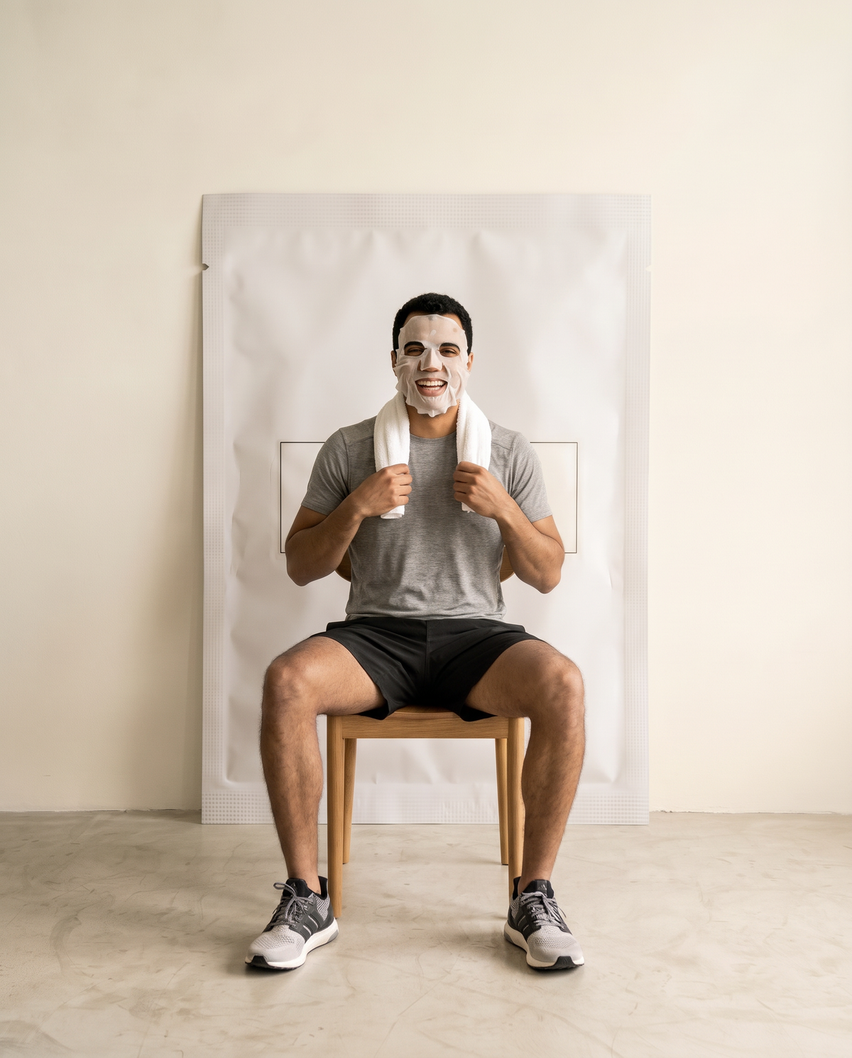 Mann mit Tuchmaske nach dem Training, lacht, vor einem grossen Micrology Sachet